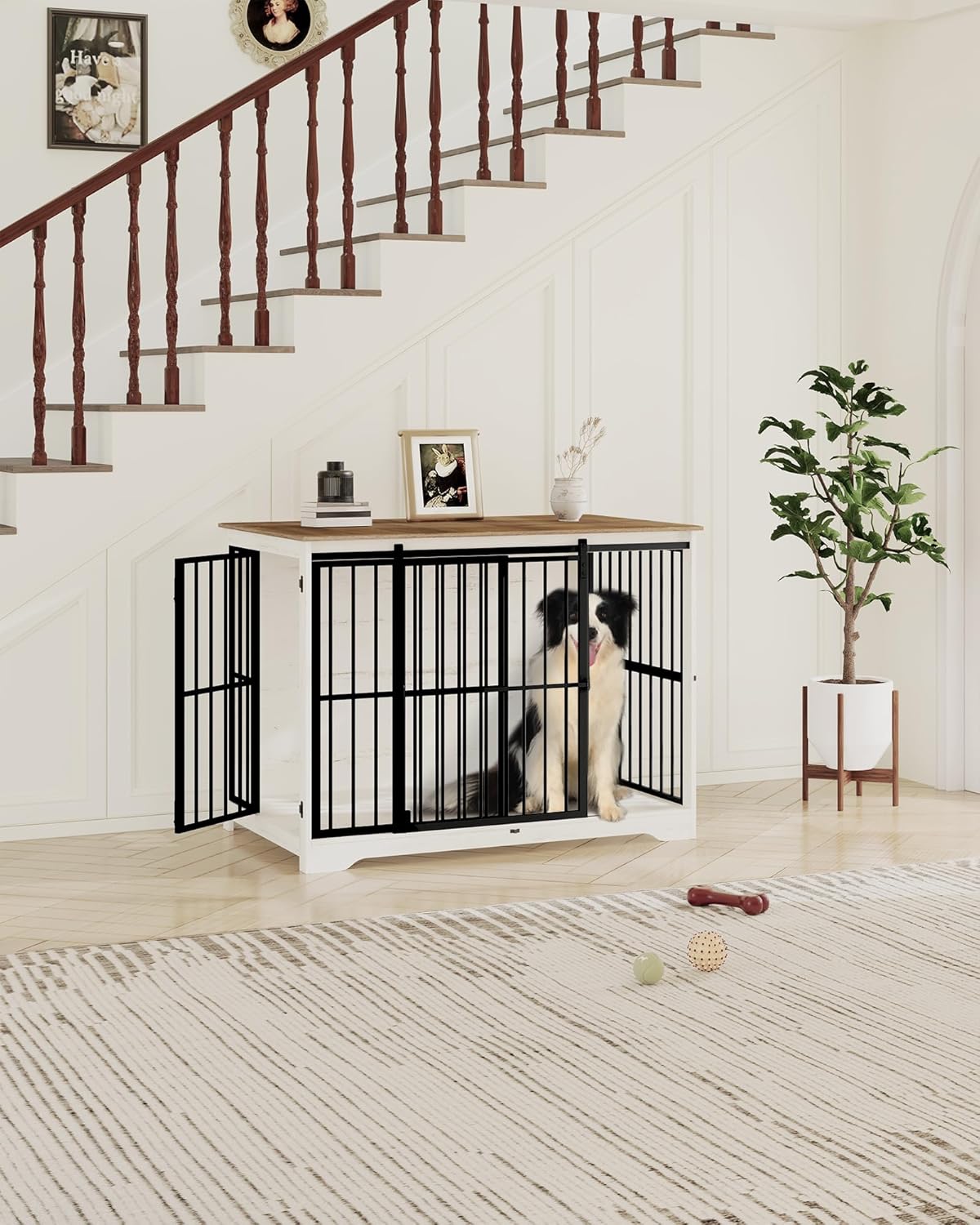 XXL Large Dog Crate Furniture, 46.9" Indoor Dog Kennel Furniture with Barn Door, Wooden Tall Dog Crate, Heavy Duty Dog Cage for Large Dogs, Side End Table, Anti-Chew, White Brown DFC83814B