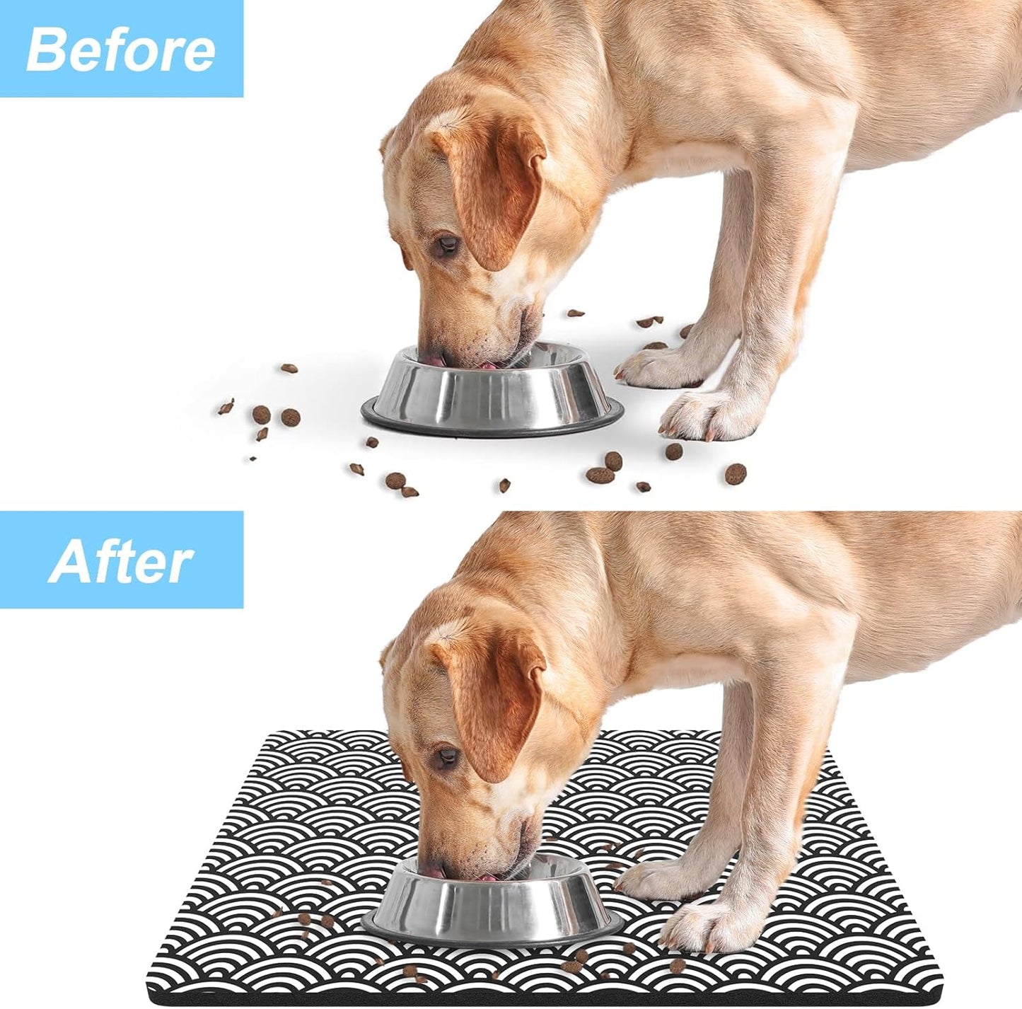 Rnivvi Dog Food Mat, 12" x 19" Absorbent Dog Cat Bowl Mat for Food and Water, Cute Anti-Slip Rubber Pet Feeding Rug Protect Floors, Puppy Placemat for Feeding & Watering Supplies,Gray Rounded Wave