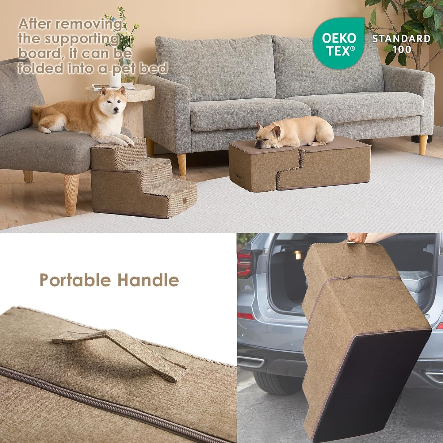 EHEYCIGA Dog Stairs for Bed 18" H, 4-Step Dog Steps for High Bed, Pet Steps for Small Dogs and Cats, Non-Slip Balanced Pet Ramp Indoor, Camel