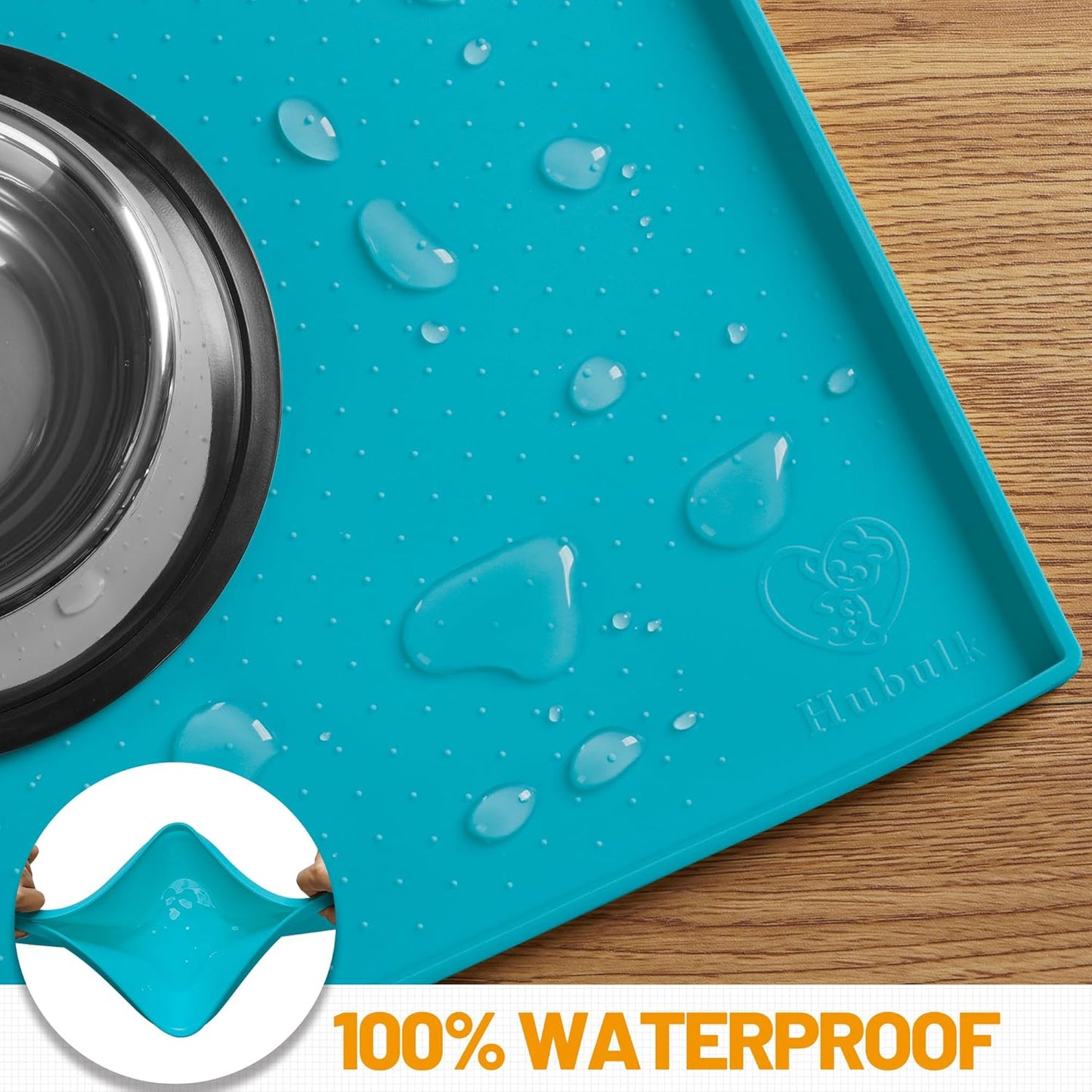 Hubulk Dog Feeding Mat,100% Waterproof Food Grade Silicone Pet Food and Water Bowl Placemat,Dishwasher, High Raised Edge to Prevent Spills,Nonslip Tray to Stop Messes on Floor (24"x16"x0.5", Teal)