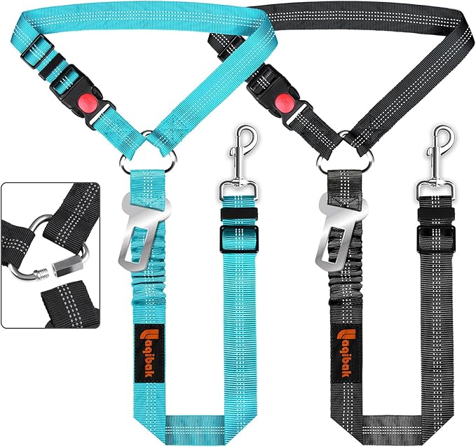 Removable Dog Seat Belt Harness for Car, 3 in 1 Pet Dog Car Seatbelt Leash, Retractable Restraint Secures to Vehicle Headrest & Adjustable Reflective Bungee Dog Seatbelt Tether, Blue and Black