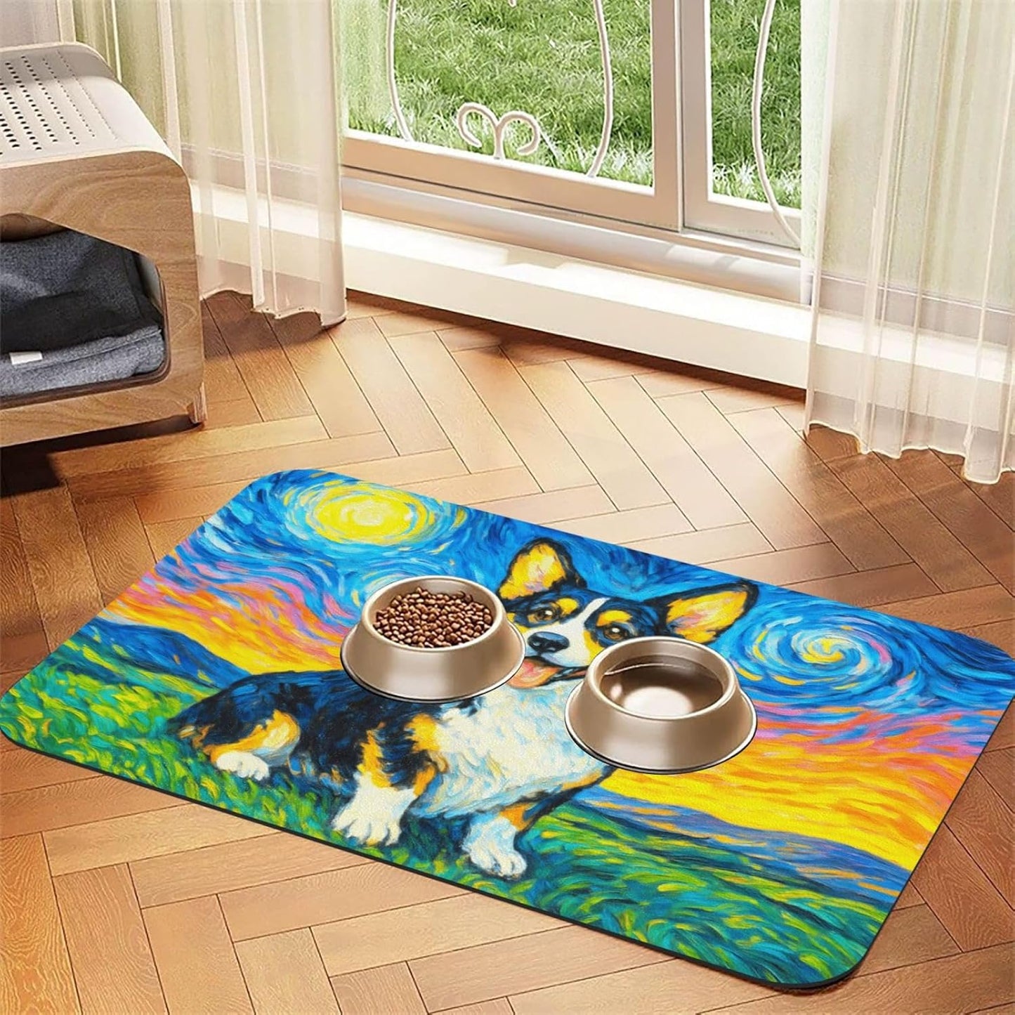 Starry Night Tri Color Dog Dog Food Mat Absorbent Bowl Mats No Stains Quick Dry Waterproof Pet Cat Placemats for Food and Water, 30x45cm