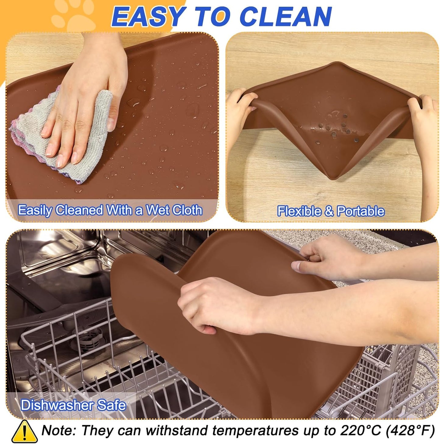 Silicone Pet Feeding Mat with Raised Edge for Food and Water, Dog Bowl Mats, Cat Bowls Placemat with High Lip for Floor Waterproof, Rubber Tray for Cats and Dogs 24 x 16 x0.8 Brown