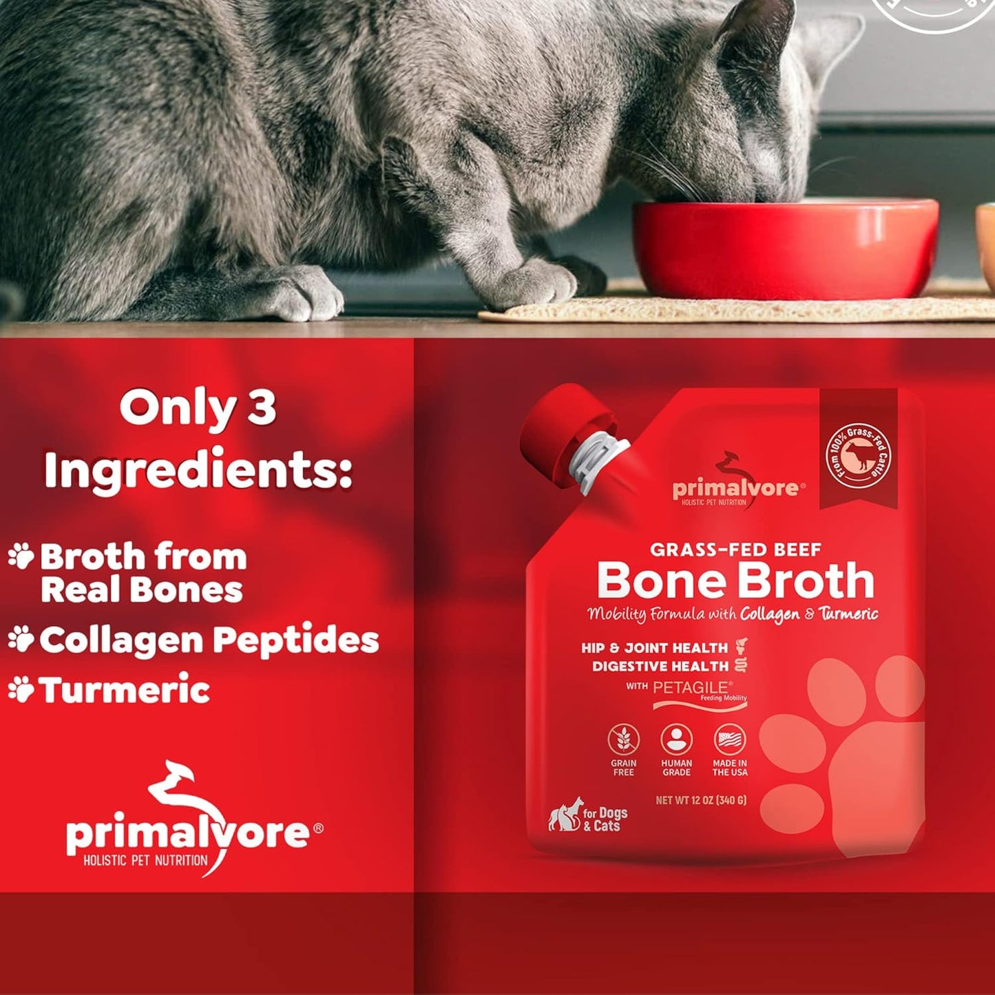 Primalvore Grass-Fed Beef Bone Broth for Dogs &Cats, Mobility Formula w/Collagen Peptides to Help Support Hip & Joints, Digestion, Skin & Coat and Hydration, Human Grade, Made in USA. Beef 6 Pack