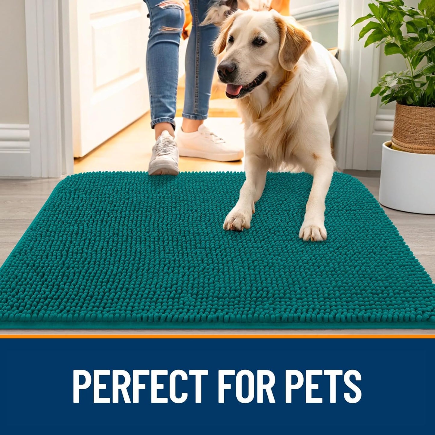 OLANLY Dog Door Mat for Muddy Paws 44x24, Absorbs Moisture and Dirt, Absorbent Non-Slip Washable Doormat, Quick Dry Chenille Mud Mat for Dogs, Entry Indoor Entryway Carpet for Inside Floor, Lake Blue