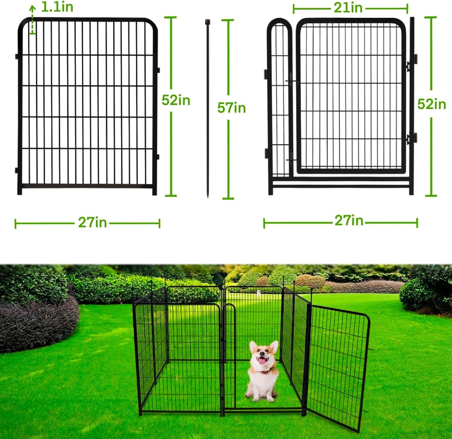 Tall Garden Fence, 52in(H) 10 Panels Total 22.1 Ft(L), Garden Fences and Borders for Dogs, Gate 21 inches Wide with Low Sills. Garden Animal Barrier, Flower Bed Fencing, Black Fencing for Dogs