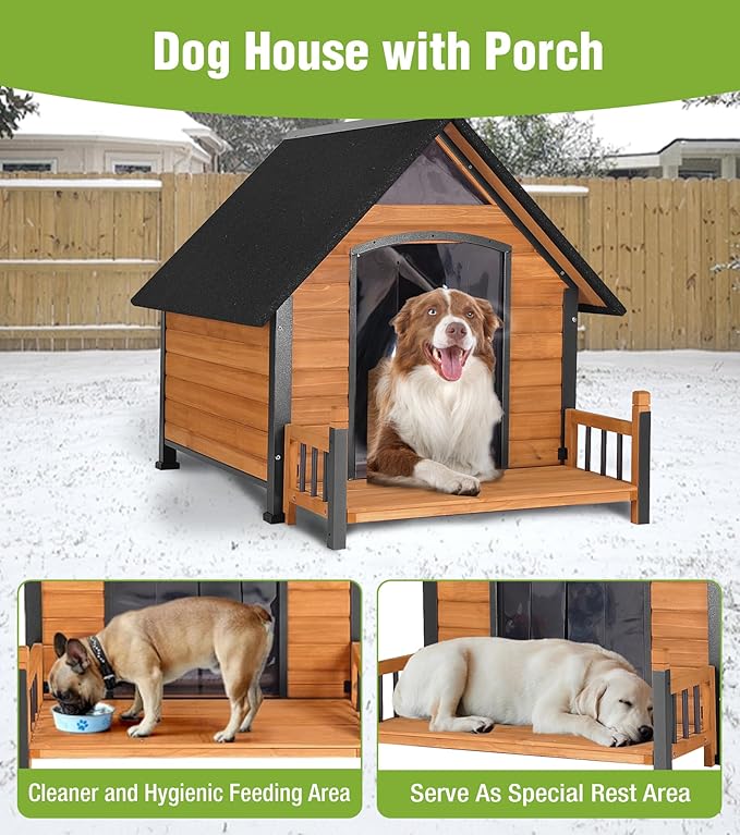 Large Outdoor Dog House Insulated, Weatherproof Dog Kennel with Porch, Anti-Chewing Metal Frame, for Medium to Large Breed