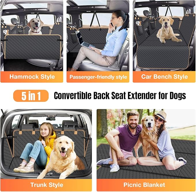 Dog Car Seat Cover for Back Seat, Larger Dog Car Bed Cover with Hard Bottom, Backseat Extender Hammock for Full SizeTruck/SUV 8 Panels - Black