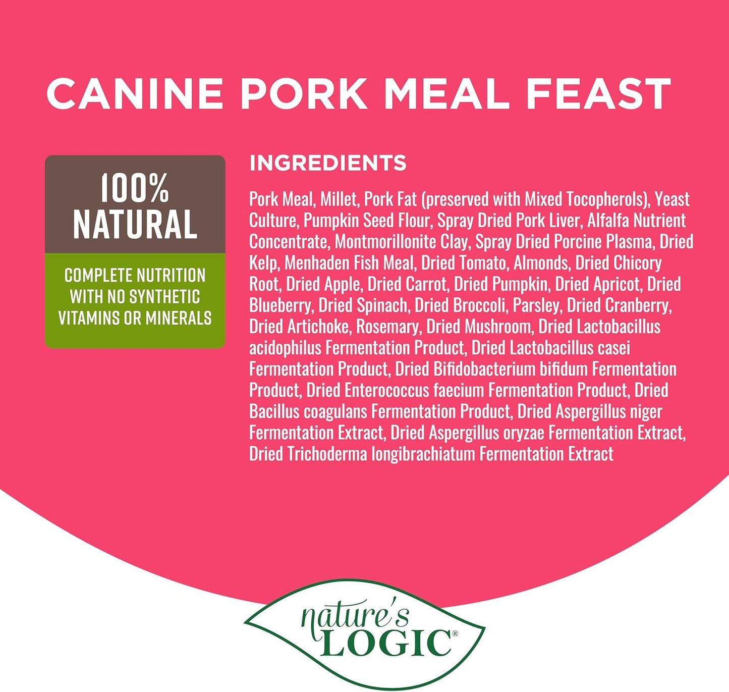 NATURE'S LOGIC Dry Dog Food - 100% Natural - No Synthetics - for All Ages, Sizes, Breeds - Free from Common Allergens, High Protein - Pork Meal Feast, 25lbs