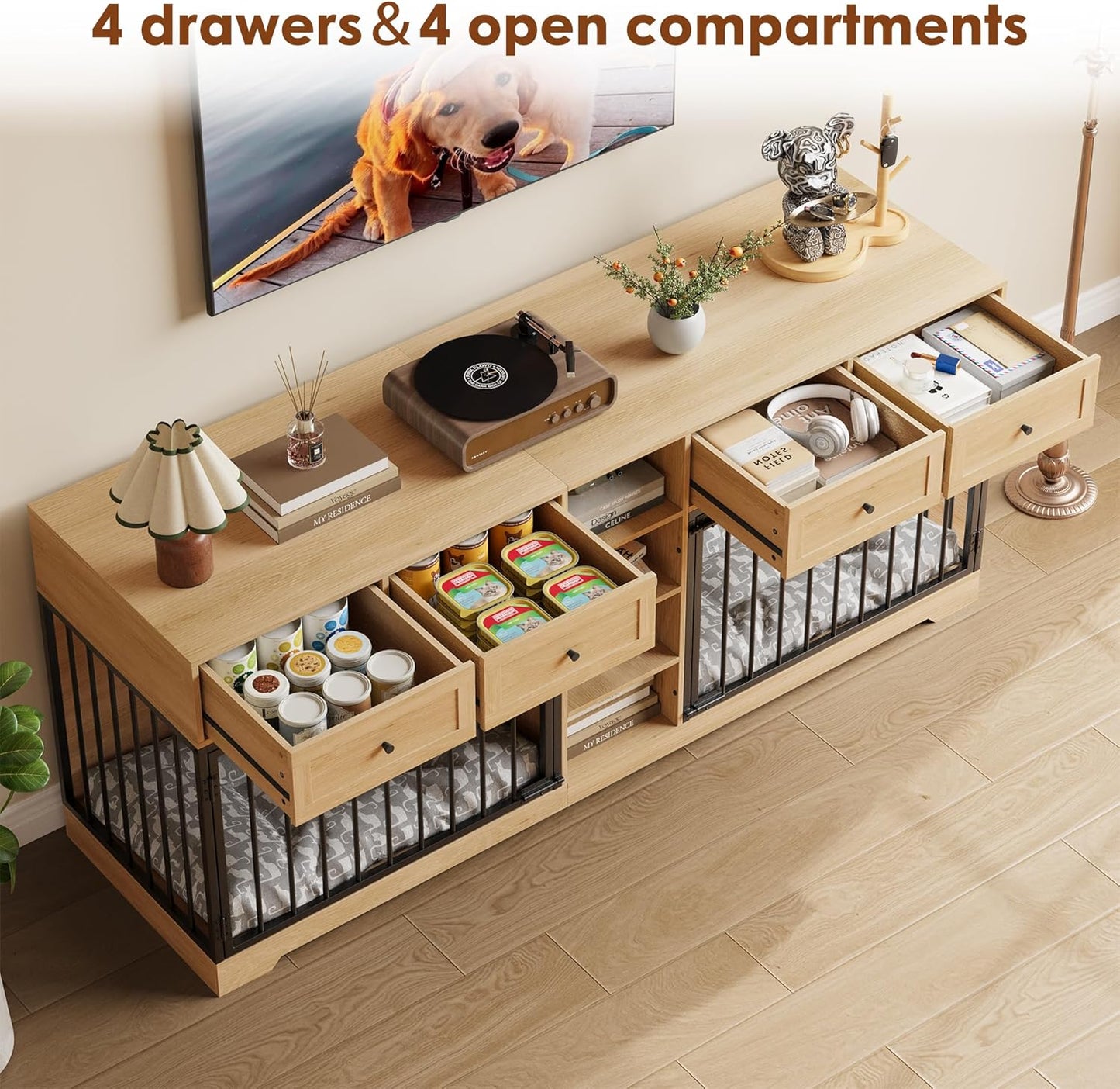 GarveeHome 82" Double Dog Crate Furniture, Large Dog Kennel Indoor for 2 Dogs, Heavy Duty Wooden Dog Crate TV Stand with 4 Drawers and Shelves, Natural