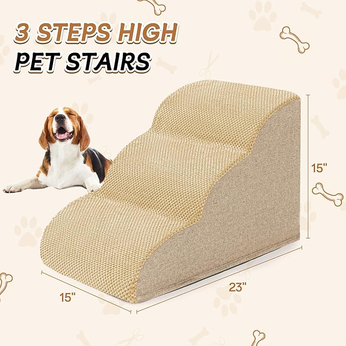 Romrol Dog Stairs Ramp for High Beds Couches, High Density Foam Pet Steps with Durable Non-Slip Waterproof Fabric Cover, Dog Stairs for Small Dogs or Cats or Pets, 3-Step,15 Inch,Beige