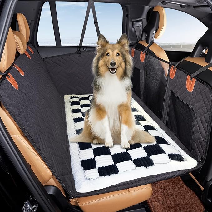 VClife Car Back Seat Cover for Dog, Non Slip Pet Bed Mat Washable Backseat Extender Cushion, Furry Dog Cat Travel Blanket Bed Modern White Black Plaid Bed, 59"×27.6"