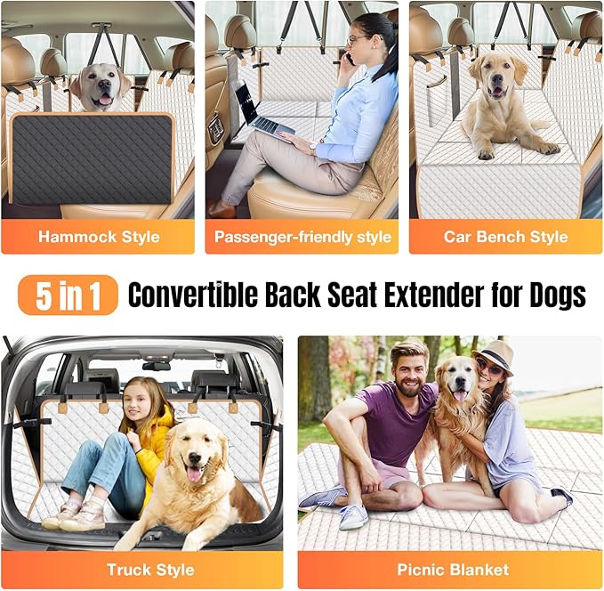 Dog Car Seat Cover for Back Seat, Dog Car Bed Cover with Strong Hard Bottom, Car Back Seat Extender Hammock for Car SUV Truck 4 Panels Beige Color