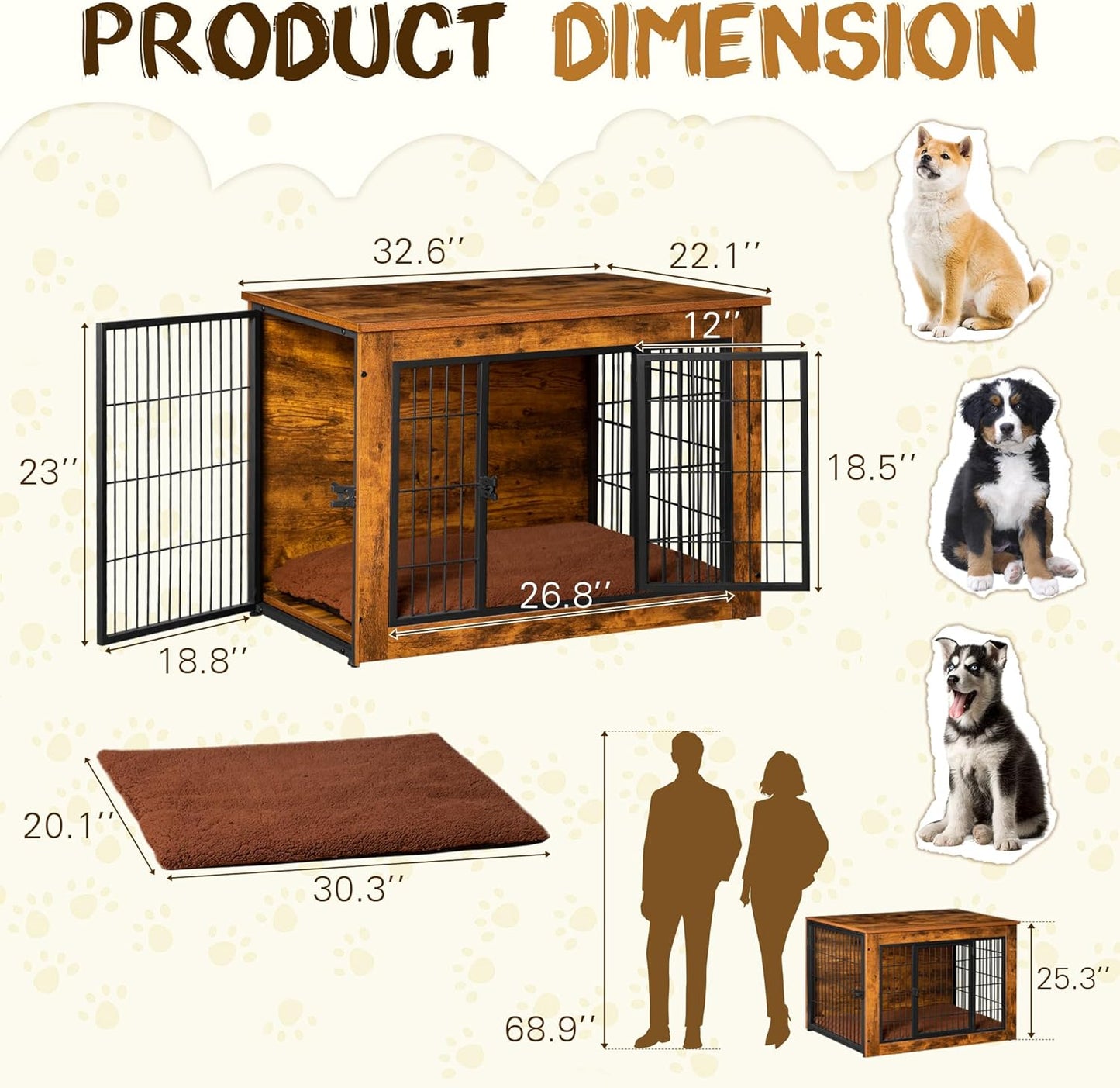 Bigrab Dog Crate Furniture with Thick Cushion, Side End Table Wooden Dog Cage with Double Doors, Chew-Resistant Dog Kennel Dog House Indoor for Small to Large Dog, M