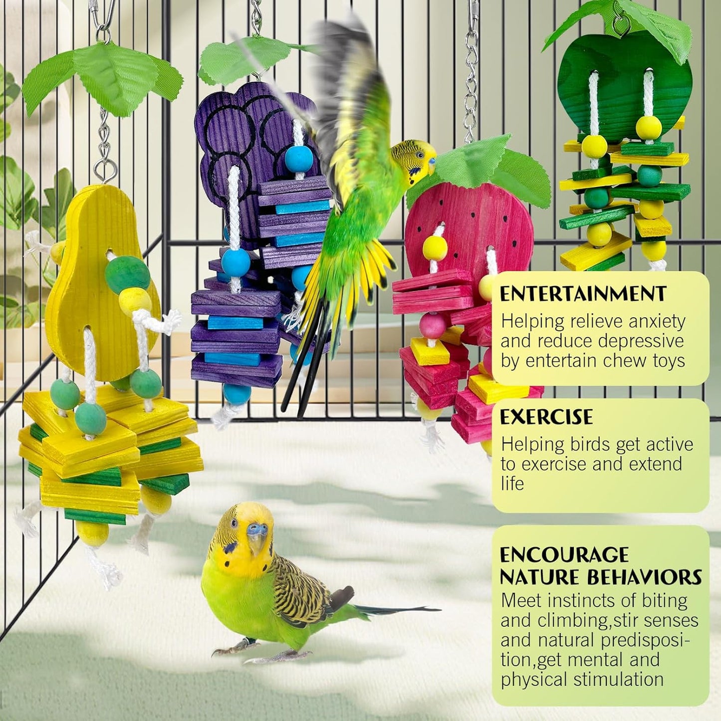 Hamiledyi Natural Wood Block Bird Cage Toys Parrot Chewing Toy Apple&Grape&Pear&Strawberry Shaped Hanging Foraging Toy for Small&Medium Birds Parakeets Cockatiels,4pcs