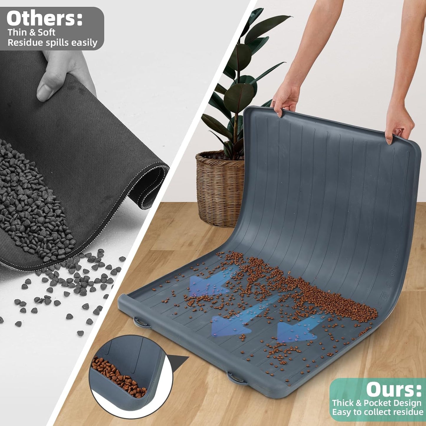 Dog Mat for Food and Water - 39.4" x 27" Large Pet Feeding Mats with Residue Collection Pocket - Waterproof Dog Cat Bowl Mat with High Edges to Prevent Water and Food Spills (Dark Grey)