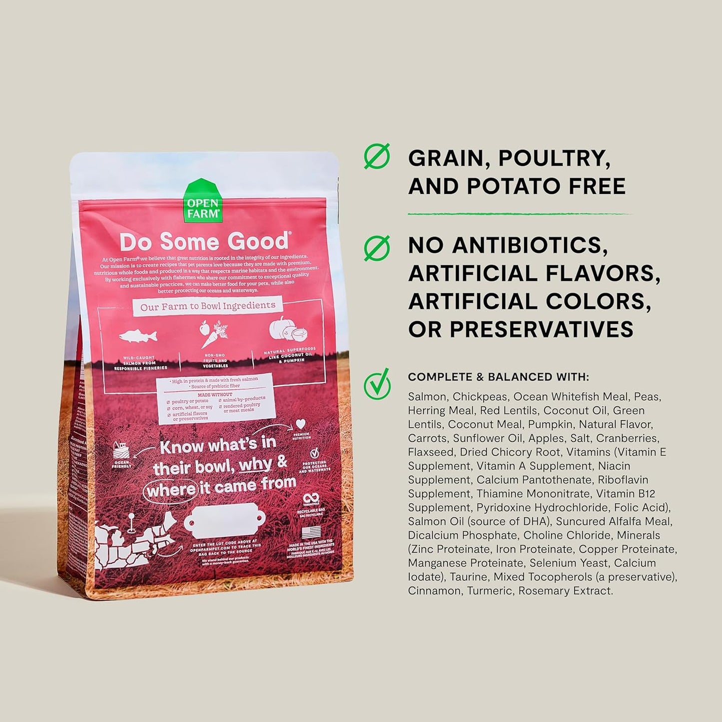 Open Farm, Grain-Free Dry Dog Food, Complete & Balanced Kibble, Sustainably & Ethically Sourced Ingredients, Non-GMO Veggies & Superfoods to Support Overall Health, Wild-Caught Salmon Recipe, 22lb Bag