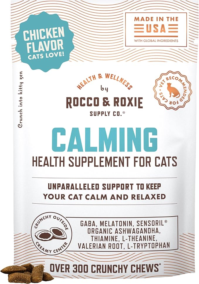 Rocco & Roxie Cat Calming Treats with Melatonin for Cats, Stress and Anxiety Relief, Keep Calm for Grooming, Travel, or Vet Visits, Aid Sleep with Organic Ashwagandha and GABA, Chicken Flavored Chews