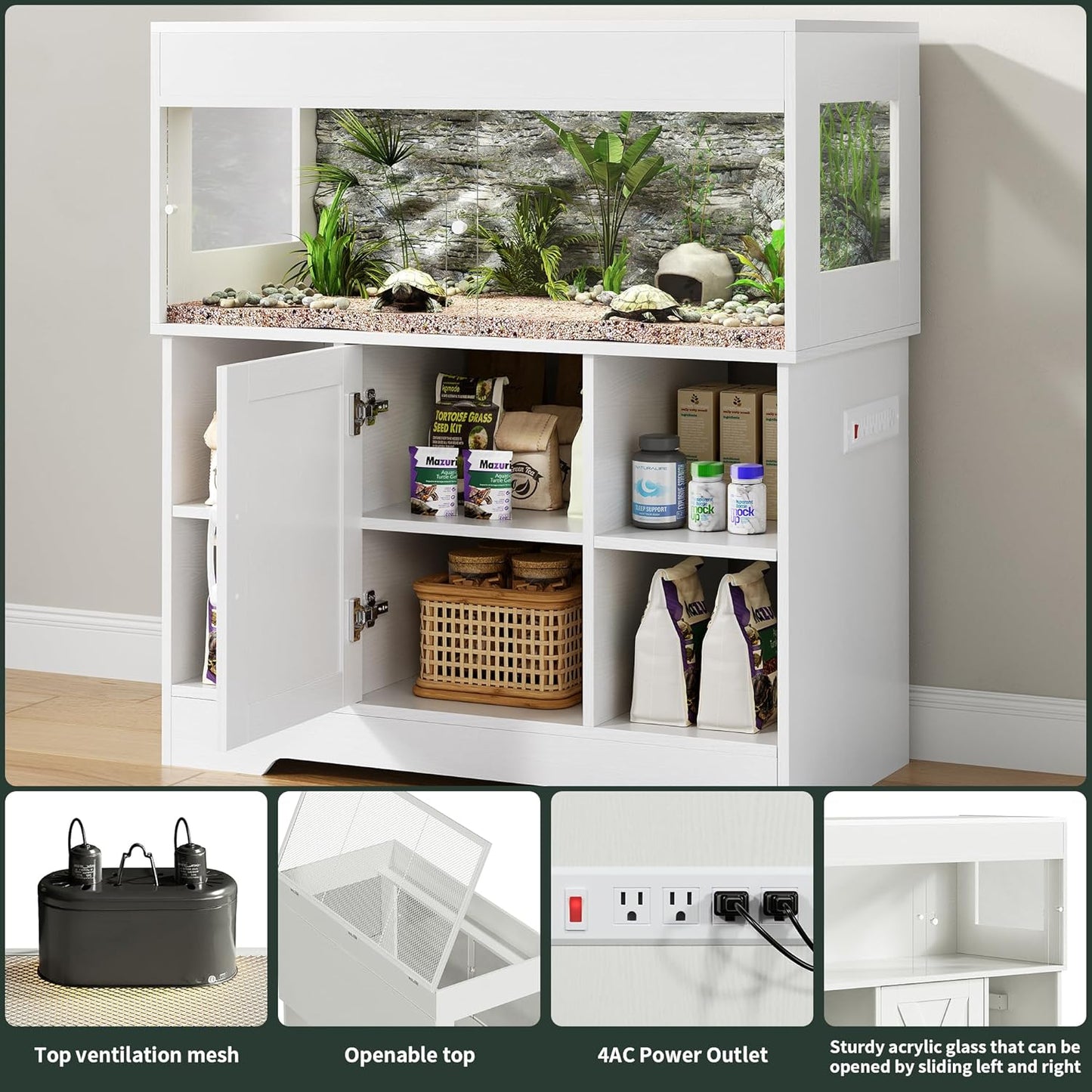 40 Gallon Reptile Terrarium Tank with Storage Cabinet, Reptile Tank with Stand, for Leopard Geckos, Corn Snakes, Juvenile Pets, Sliding Acrylic Doors, Mesh Top, Power Outlet, White PX03RTW