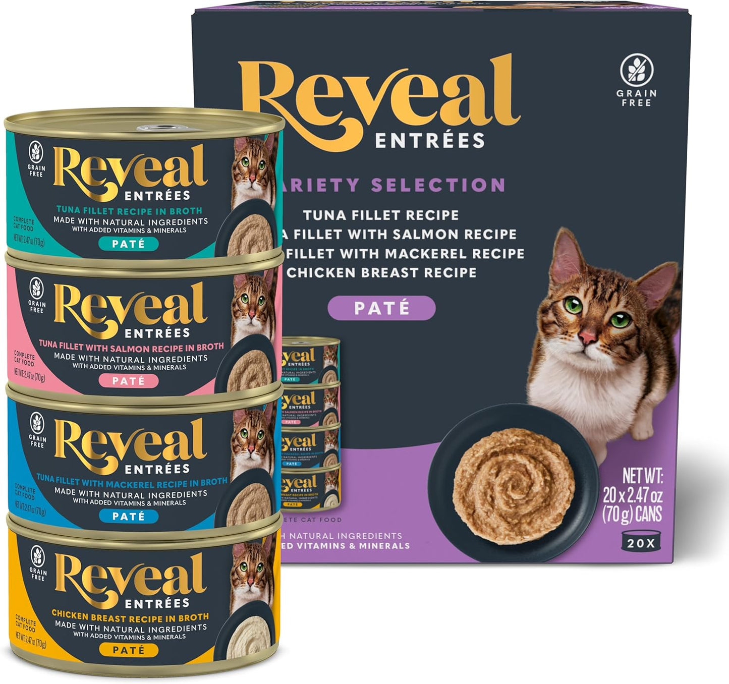 Reveal Entrées Natural Wet Cat Food Paté, Grain-Free with Added Vitamins & Minerals, Carrageenan-Free Variety Selection in Pate (20 x 2.47 oz cans)