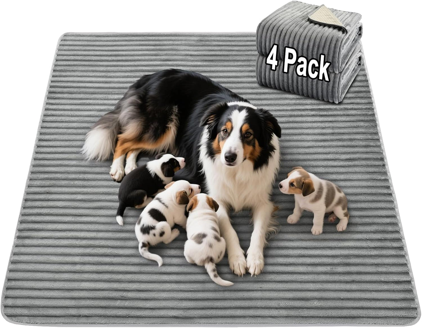 Flannel Washable Pee Pad for Dogs - 4 Pack Reusable Dog Pee Pads, Puppy Pads, Fast Absorb Pet Playpen Mat with Non-Slip Back, Waterproof Puppy Training Pad. (Light Grey, 18" X 24")