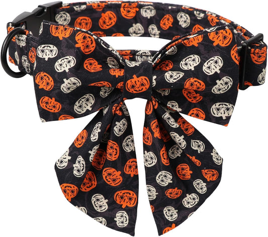 Lionet Paws Halloween Dog Collar with Bowtie - Cute Cotton Adjustable Black Bowtie Dog Collar with Metal Buckle for Small Medium Large Dog Girl Boy Gift, XXS, Neck 7-11in
