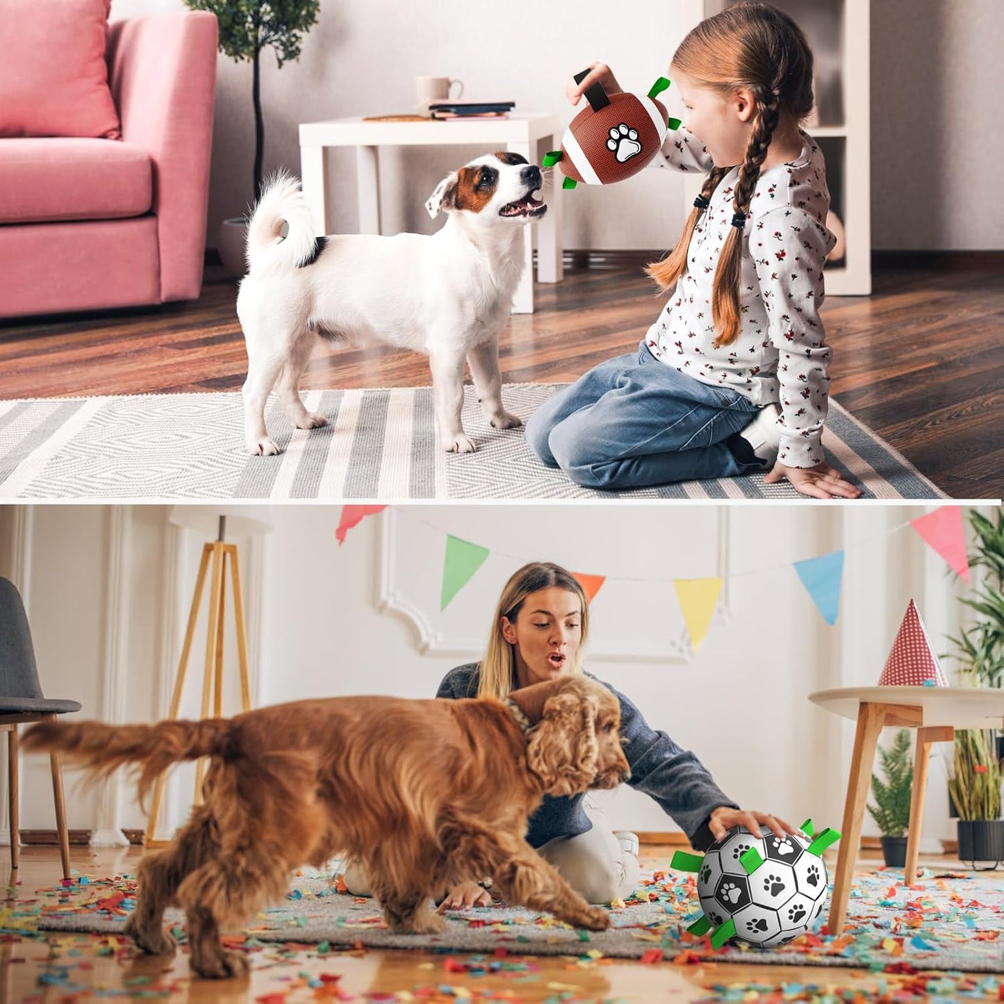 QDAN Dog Soccer Ball Football Set - 2 PCS Dog Balls with Strap for Tug of War, Soccer Ball Football Toys for Small Medium Large Dogs, Herding Ball for Dogs, Dog Birthday Toy