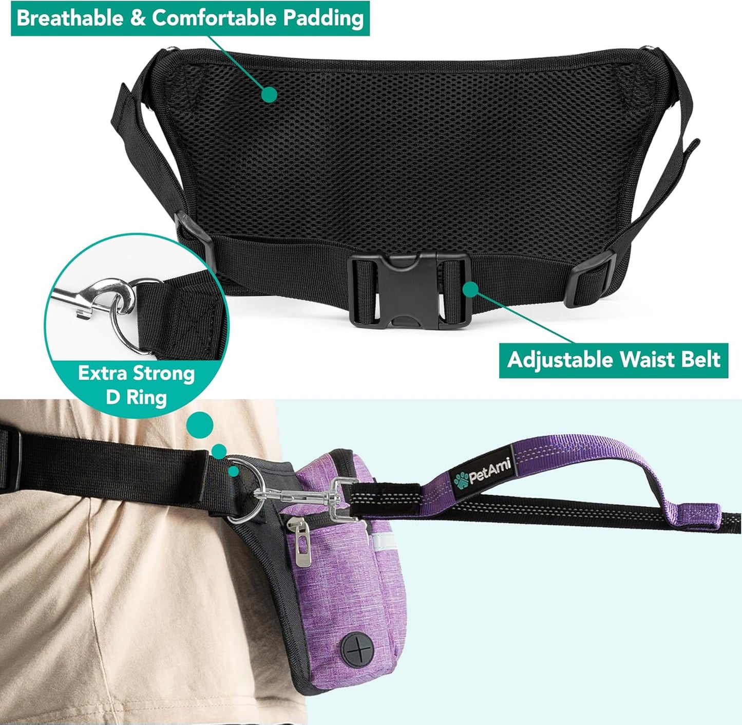 PetAmi Premium Hands Free Dog Leash for 2 Dogs, Adjustable Waist Belt Leash for Dog Walking, Fanny Pack Accessories Bag Dual Bungee Leash for Running, Hiking, Jogging, Biking, Purple