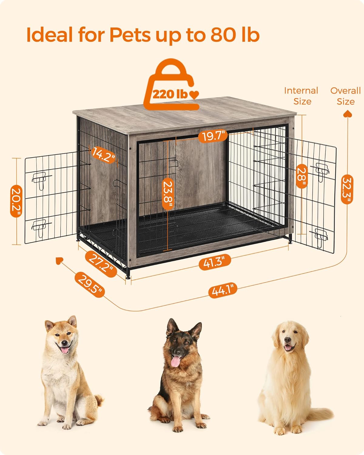 Feandrea Dog Crate Furniture, 44.1" Side End Table, Modern Kennel for Dogs Indoor up to 80 lb, Heavy-Duty Dog Cage with Multi-Purpose Removable Tray, Double-Door Dog House, Greige UPFC004G01