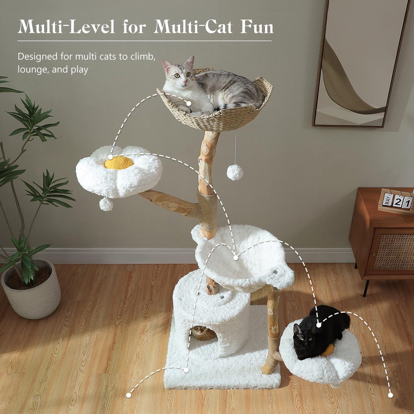 59" Modern Cat Tree Tower for Large Cats w/2 Flower Perches-Natural Solid Wood Scratching Post with Real Branch-Luxury Boho Cat Furniture w/Condo & Wicker Basket Bed, Cloud White