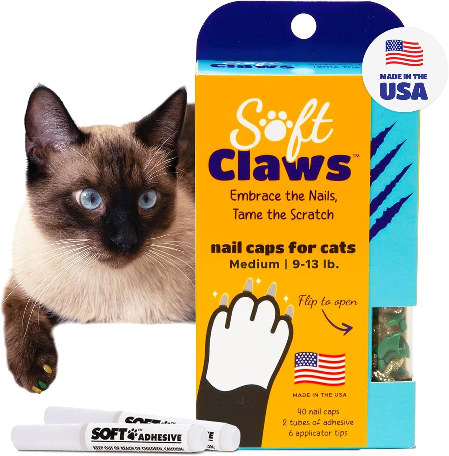 Soft Claws Cat Nail Caps for Medium Cats – (40 Caps, Green & Gold) - Made in USA - Veterinarian-Developed | Protects Furniture & Skin - Easy to Apply, Long-Lasting Anti-Scratch Soft Cat Claw Covers