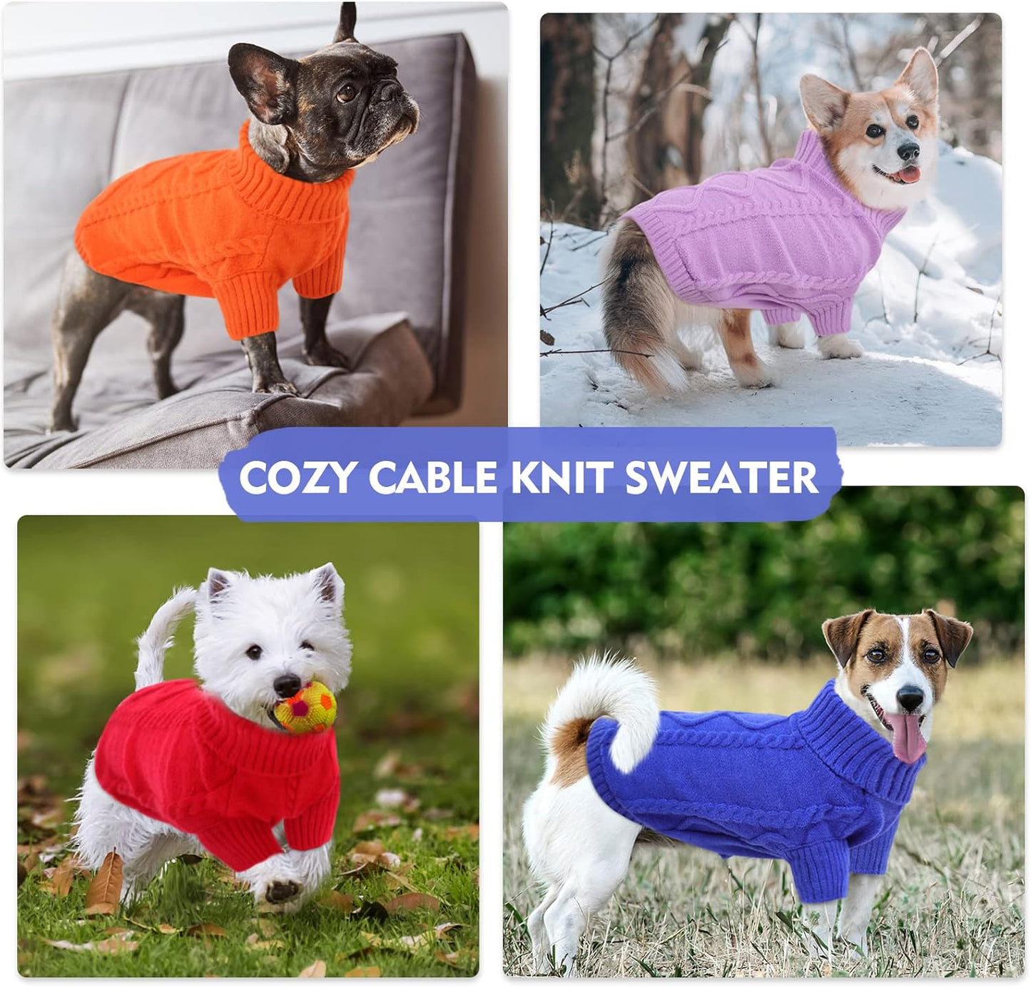 Queenmore Small Dog Pullover Sweater, Cold Weather Cable Knitwear, Classic Turtleneck Thick Warm Clothes for Chihuahua, Bulldog, Dachshund, Pug (Red, Large)