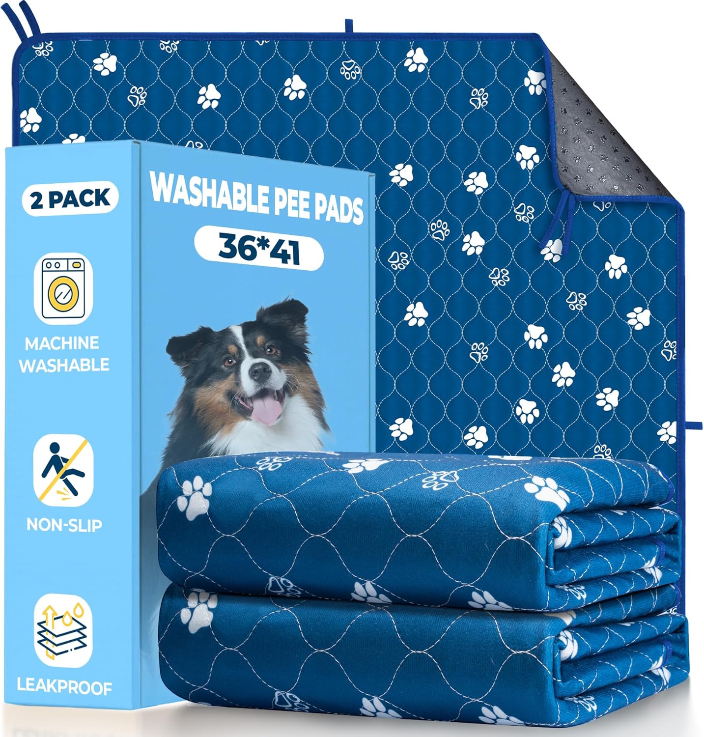 Fostanfly Washable Pee Pads for Dogs, 2 Pack Large 36"x41" Ultra-Absorbent and Leak-Proof Non-Slip Reusable Potty Training Pads for Dogs, Puppy & Cats of Add 8 Lanyards-Blue
