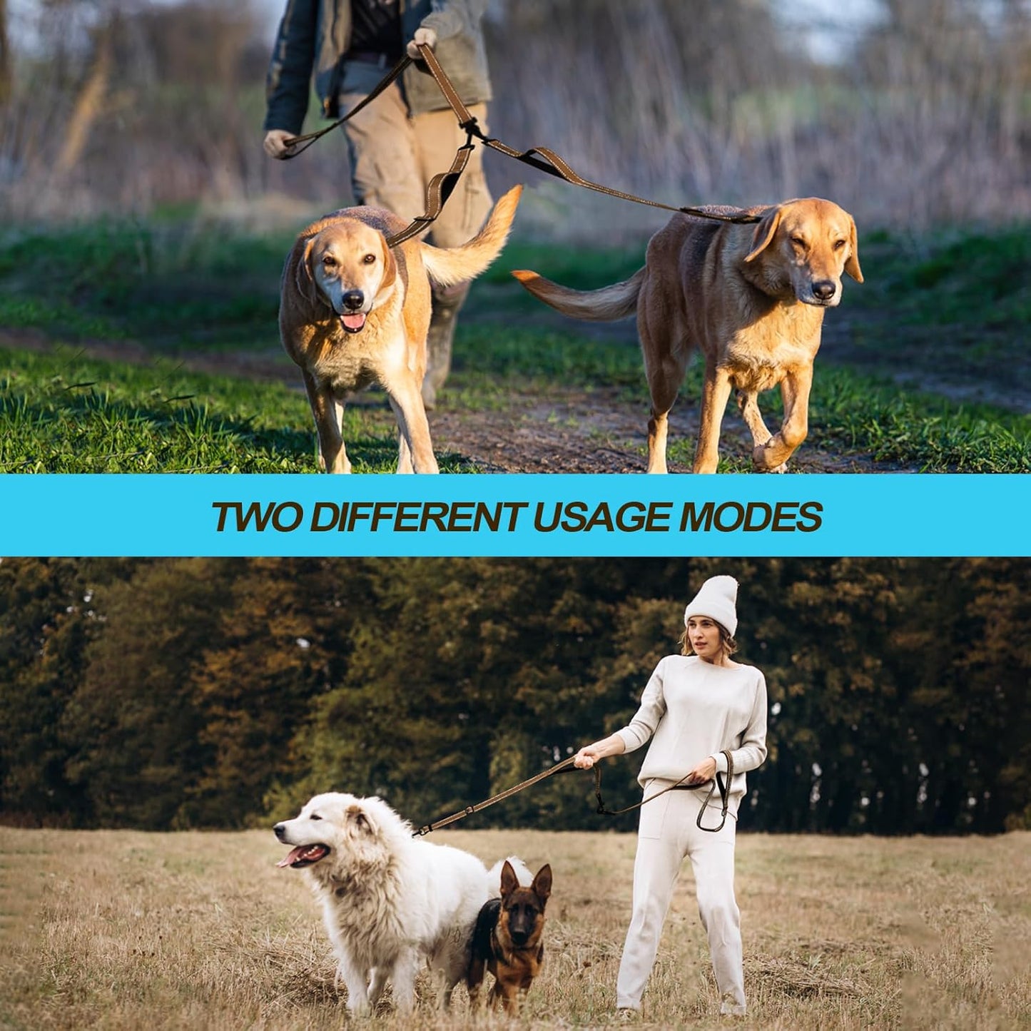 PetBonus Double Dog Leash, No Tangle Dual Leash, Reflective Walking Training Lead, 4 Comfortable Padded Handles for 2 Dogs with Collapsible Bowl and Waste Bags (Brown, Large)