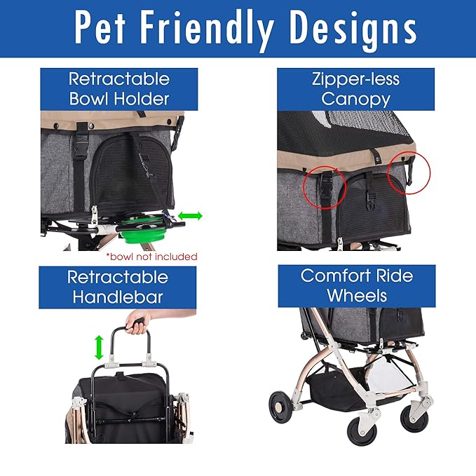 HPZ-PR America Pet Rover Lite Premium Light-Weight Dog/Cat/Pet Stroller Travel Carriage with Convertible Compartment/Aluminum Frame for Small & Medium Pets (Taupe 2nd-Gen.)