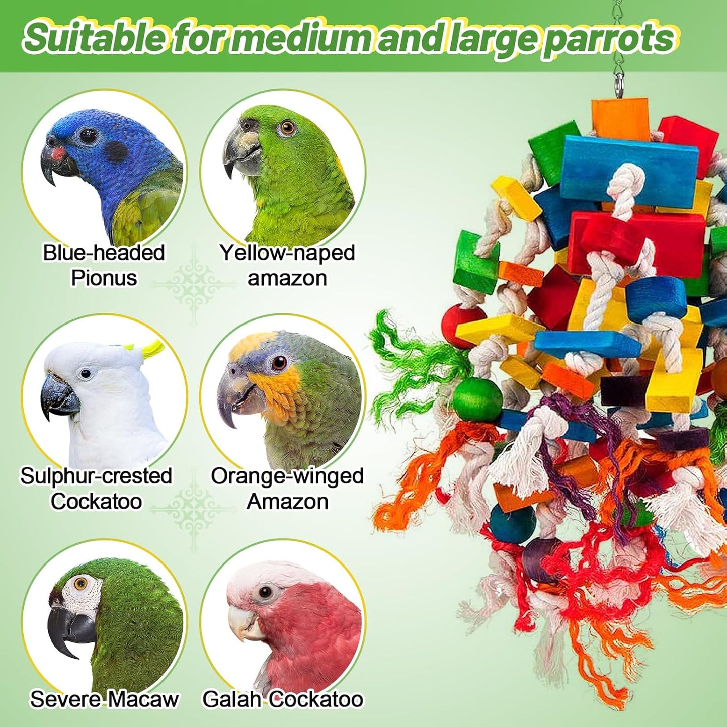 Large Parrot Toy - Multicolored Wooden Blocks Tearing Toys for Birds Suggested for African Grey, Macaw and Amazon Parrots