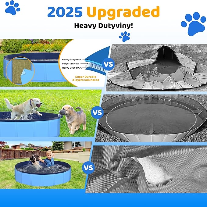 71" x 12" Foldable Dog Pool - Collapsible Hard Plastic Kiddie Pool for Dogs & Kids, Non-Slip Pet Bath Tub for Outdoor Backyard Use, Lightweight & Portable (Blue)