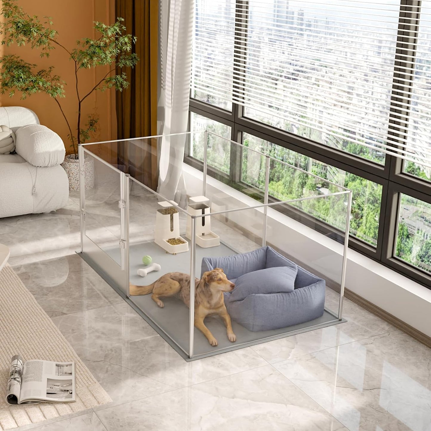 Dog Clear Playpen Fence Kennel: 32" Extra Tall Puppy Birthing Enclosure with Waterproof Fertility Pad - 64"x43" Pet Heavy Duty Play Pin Corral with Transparent View and Lockable Door for Dogs Bunny