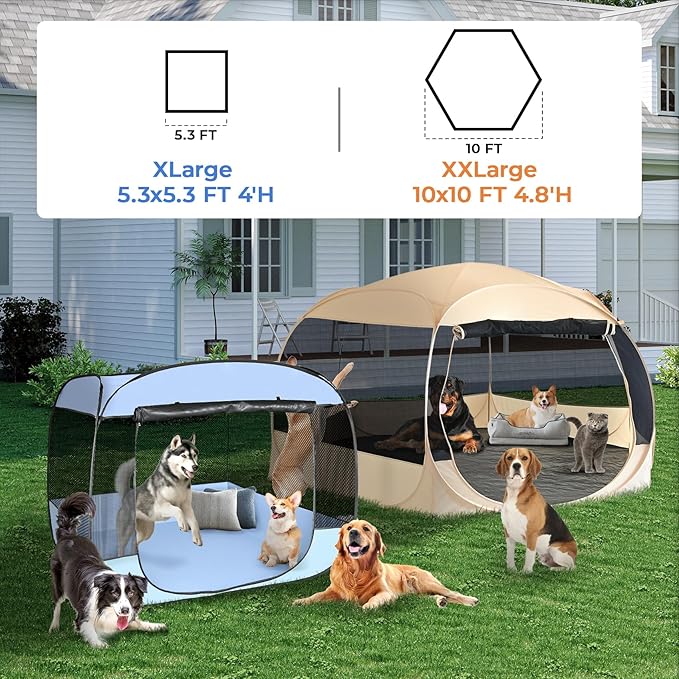 EighteenTek XXLarge Popup Portable Dog Houses, 10'x4.8'H Assembly-Free Gazebo-Style Dog Cot Cat Playpen Screen Pet Tent Sun Shade Shelter Dog Bed with Canopy for Outdoor Anti-Bugs with Leakproof Floor