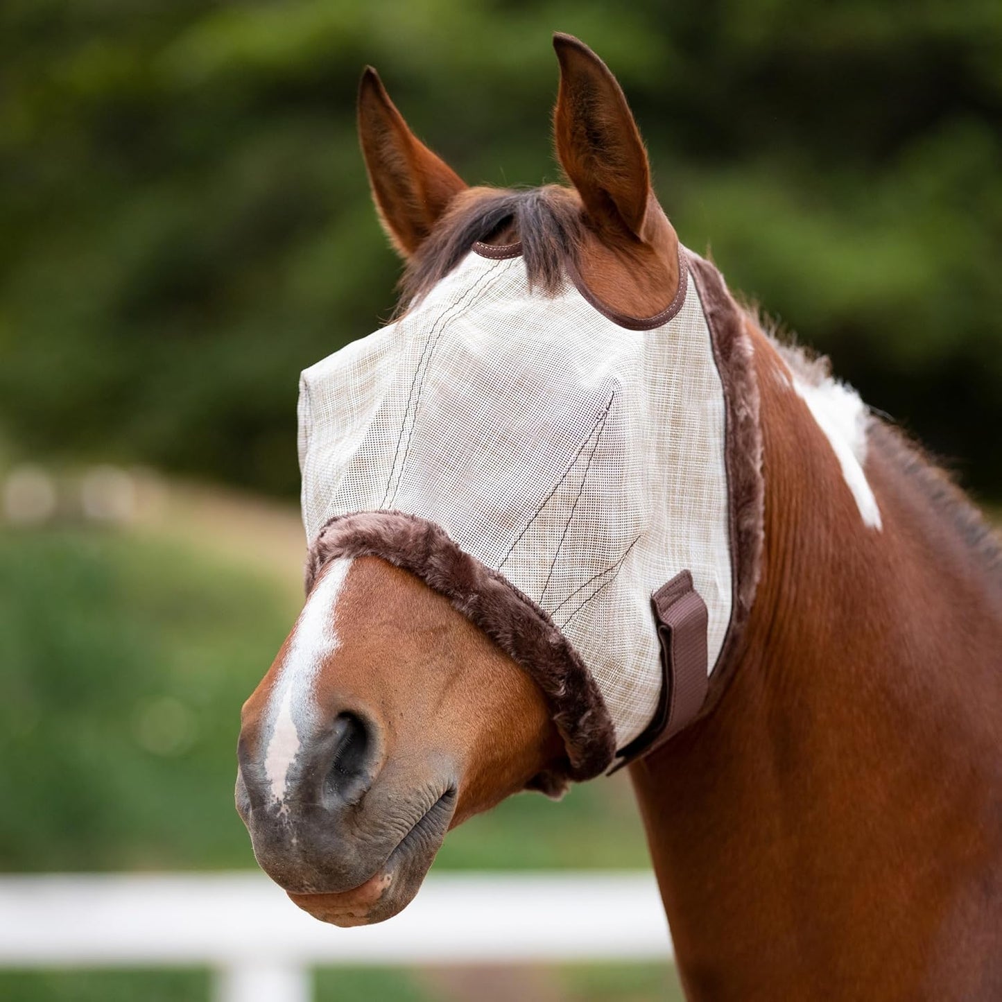 Kensington UV Fly Mask with Fleece Trim - Protective Mask with Dual Ear Opening & Forelock Freedom - Large, Desert Sand