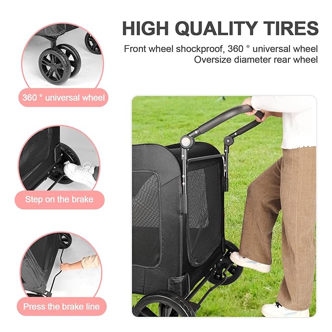 Large Dog Travel Stroller with 4 Heavy Duty Wheels Pet Stroller with Adjustable Handle - Double Doggie Capacity Jogger Wagon with Back Front Door for Small Medium Large Dogs (Black 1)