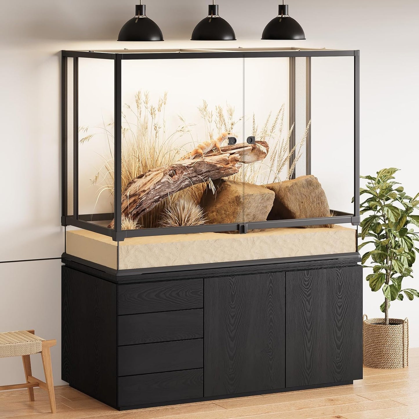 Erinnyees 74 Gallon Reptile Terrarium with Top Screen Ventilation, Snake Habitat with Heating Pad Space, Front Opening Reptile Vivarium with Sliding Cable Outlet for Leopard Geckos, Snakes, Turtles