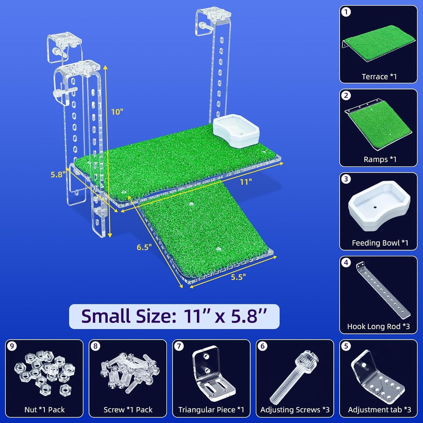 Adjustable Hanging Turtle Dock with Anti-Slip Artificial Grass Basking Platform Sturdy Acrylic Ramp for Aquatic Turtles, Compatible with Various Tank Sizes, Easy Setup (Transparent, 11x5.8 Inch)