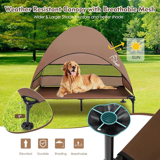 Upgraded Elevated Dog Bed with Canopy, Portable Raised Outdoor Dog Bed with Stable Anti-Slip Feet, Wider Shade Pet Bed Cot, Raised Dog Beds for Large Dogs Camping, Indoor & Outdoor Use
