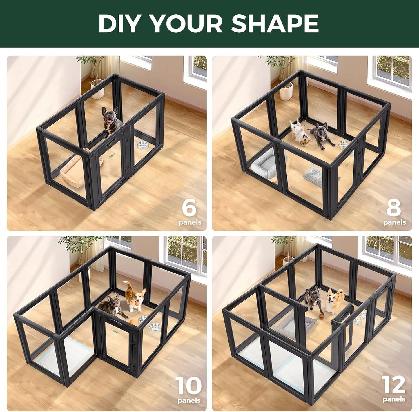 FXW AuraSpace Acrylic Indoor Unleashed Dog Playpen for Small and Medium Dogs, 30 Inch, 8 Panels, Black