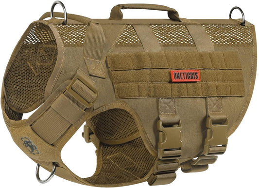 OneTigris No Pull Tactical Dog Harness for Medium Dog, Aire Mesh Dog Vest Harness, Breathable Military Molle Vests with Handles, Service Dog Vest for Walking Hiking Training (M, Brown)