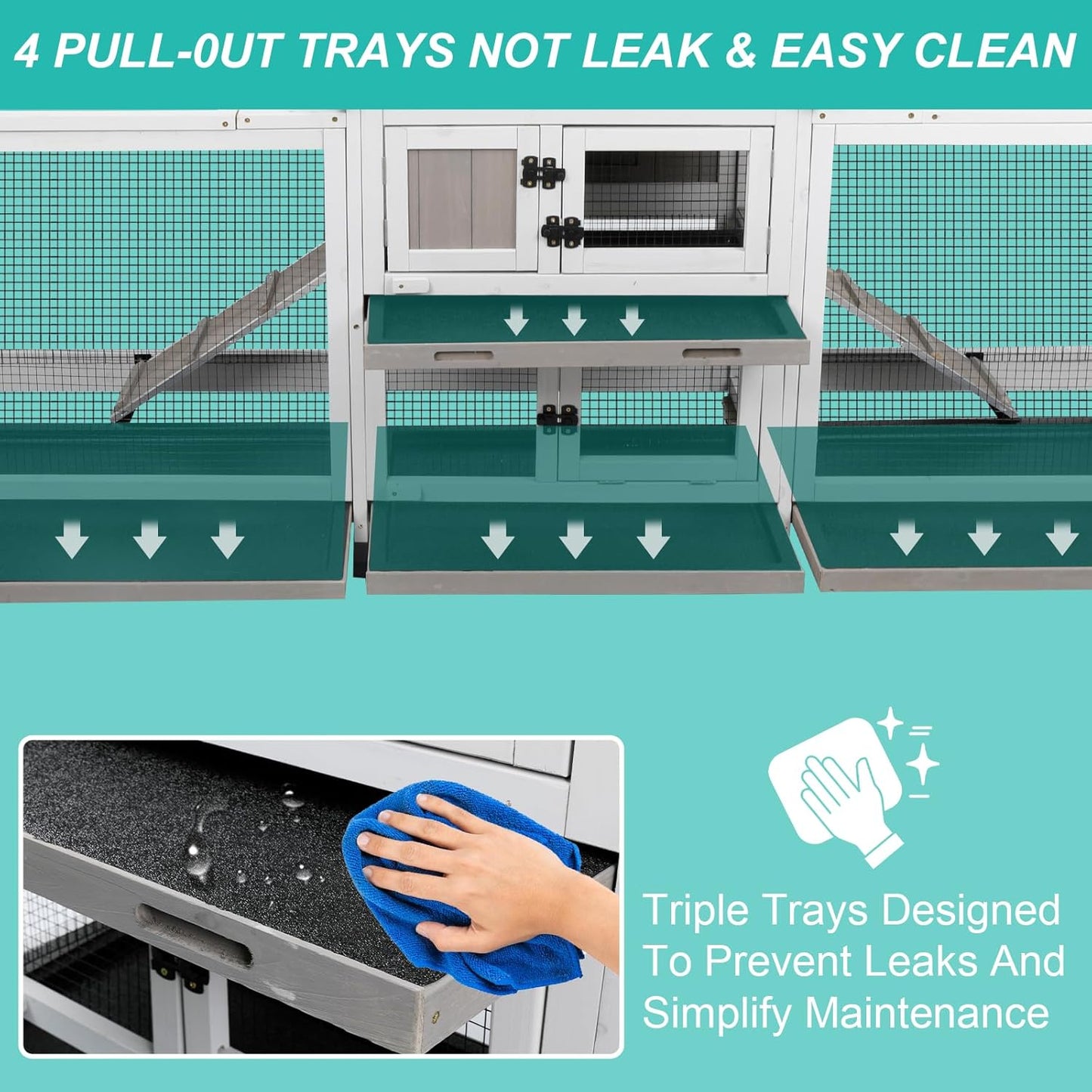 2-Tier Rabbit Hutch with Wheels, Indoor & Outdoor Small Animal Cage with Deep Pull-Out Tray, Anti-Chew Frame, Habitat for Bunny, Guinea Pig, Chinchilla (93" L x 19" W x 35" H)