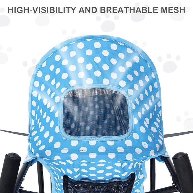 MoNiBloom 4 Wheels Pet Stroller, Easy-Fold Umbrella Shaped Dog Cat Jogger Stroller w/Storage Bag & Visible Mesh for Small/Medium Dogs Cats Sky Blue Polka Dots