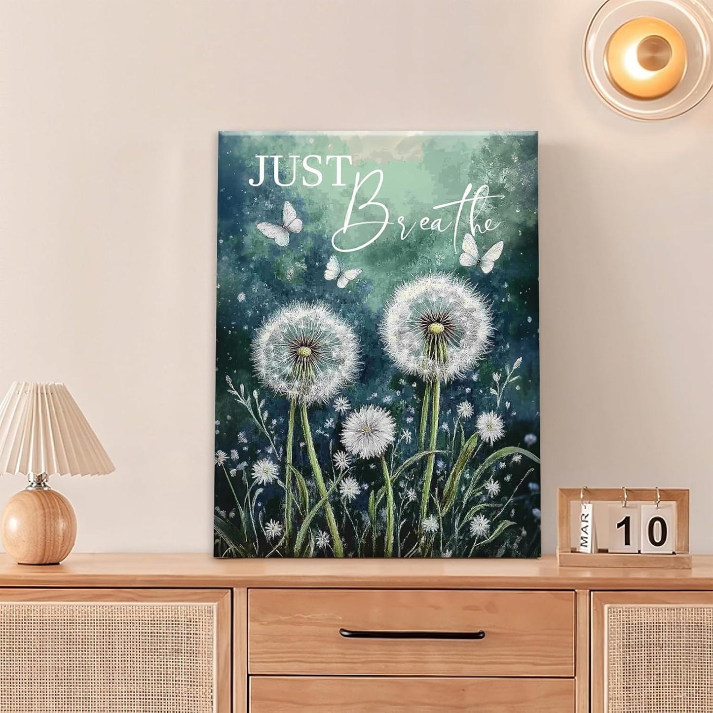 Dandelion Pictures Wall Art, Farmhouse Floral Bathroom Wall Decor, Rustic Inspirational Framed Painting Butterfly White Flower Canvas Artwork for Bathroom Bedroom Living Room Decorations 24"L x 16"W
