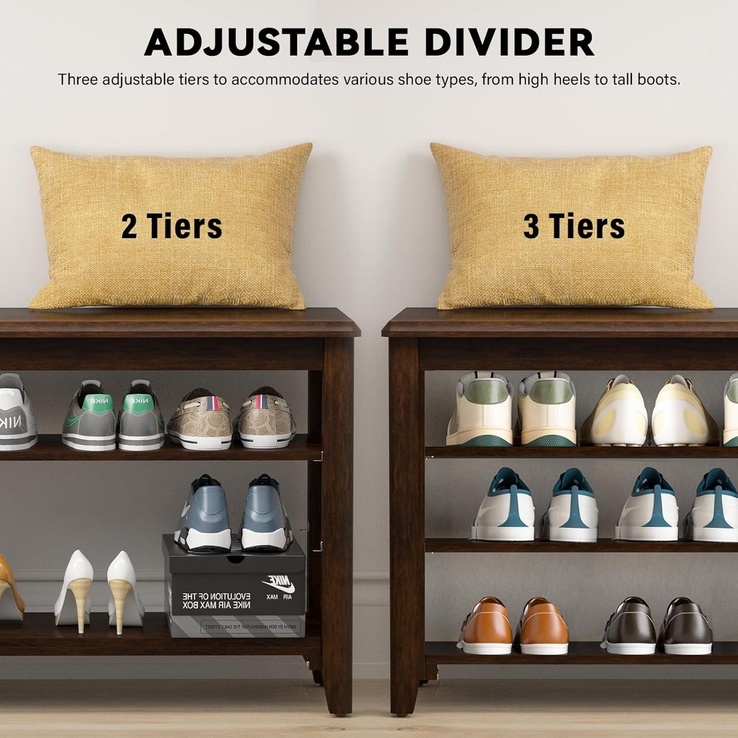 Shoe Bench Storage Rubberwood with Leather Cushion for Entryway Bench Ideal for Hallways Shoe Rack Front Doors Entrances Mudrooms Featuring 3 Height-Adjustable and Removable Shelves